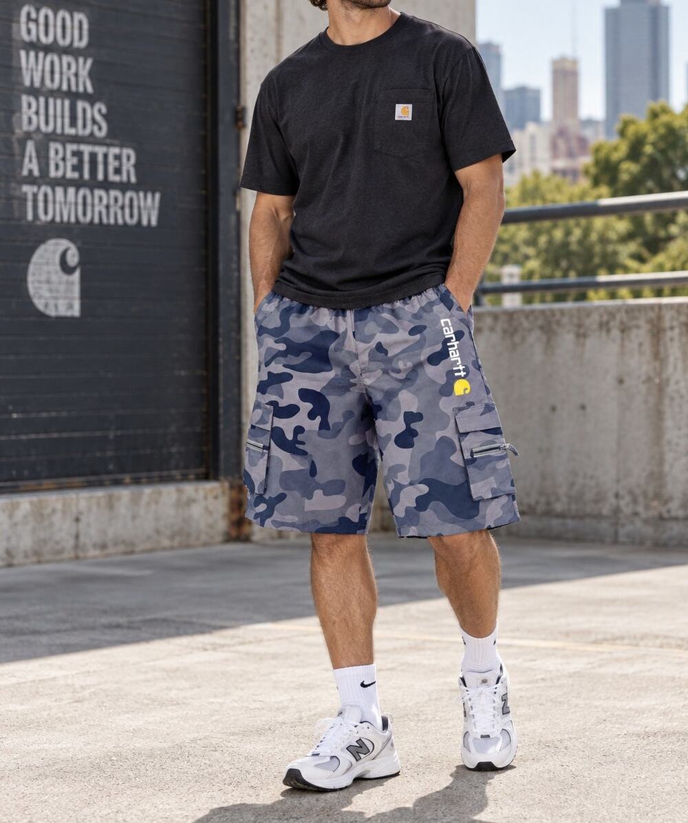 Carhartt Men’s M/L Gray Camo Cargo Shorts Elastic Waist Zip Utility Pockets